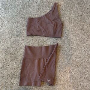 SET Brown One-Shoulder Sports Bra & High-Waist Shorts